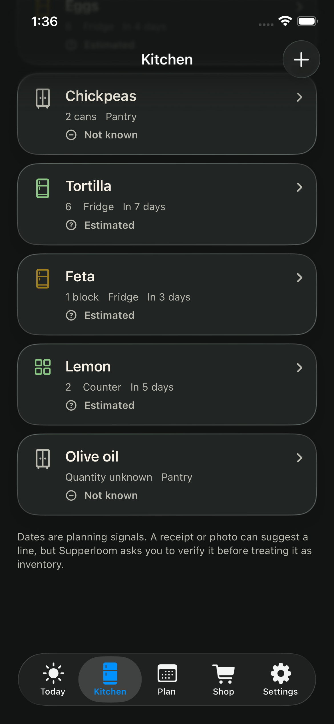 Panno Kitchen screen with pantry items and uncertainty labels